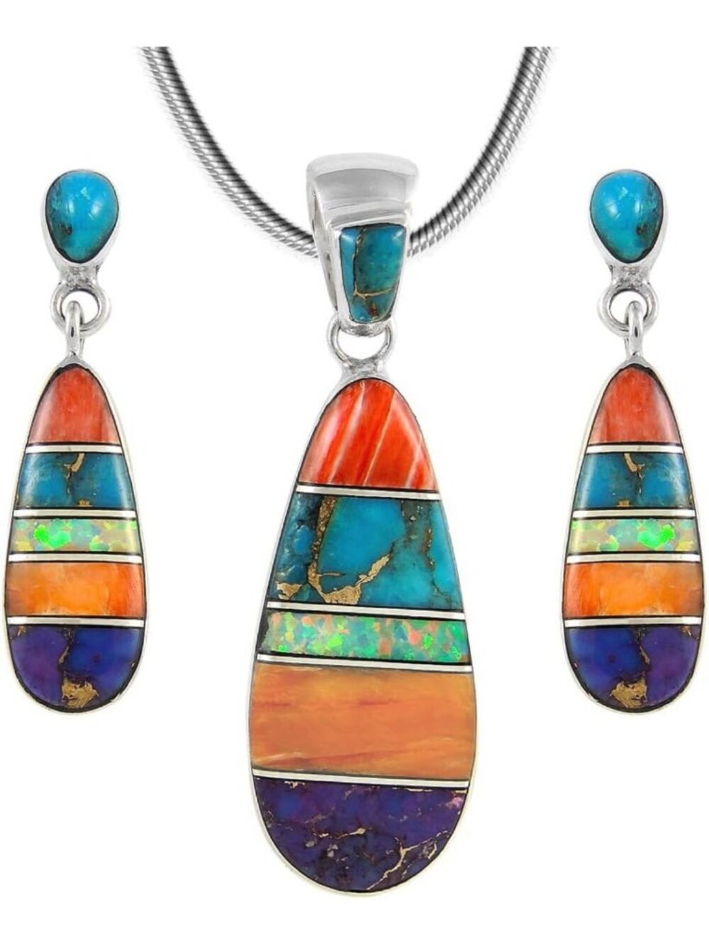 Turquoise & Gemstone Jewelry Set - 925 Sterling Silver Pendant, Earrings